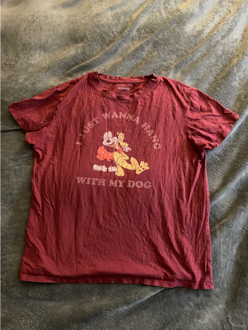 Disney Maroon Redish Graphic Tee with Mickey & Pluto